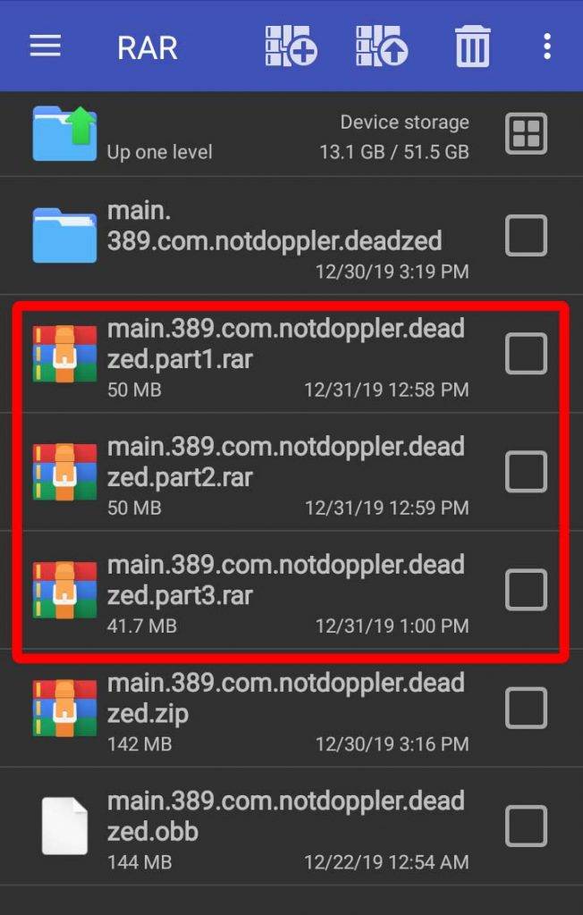 3 splitted rar files on android