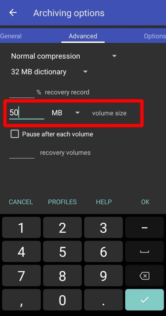 splitting files by 50MB with rar on Android