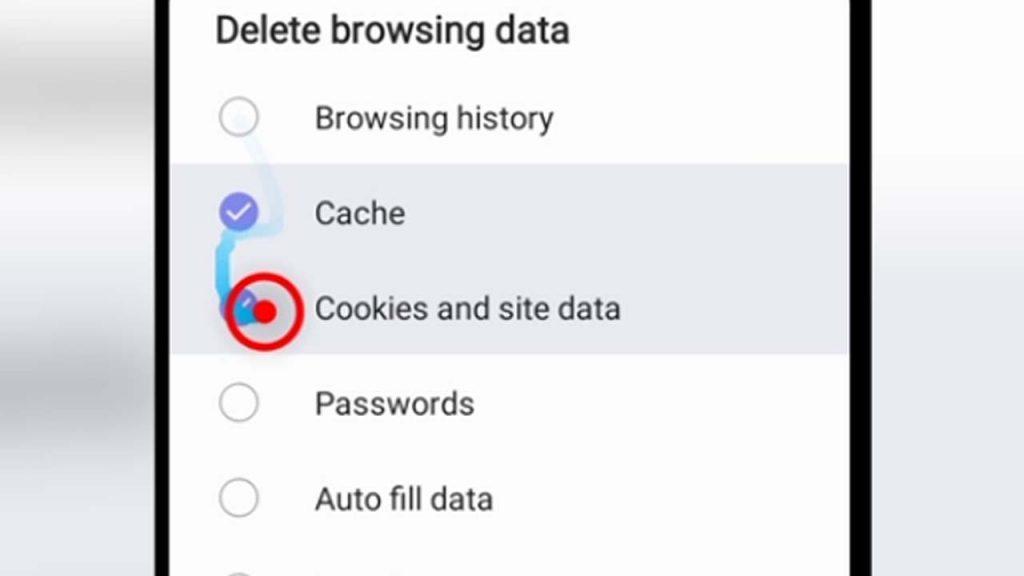 5. samsung internet select cookies and site data